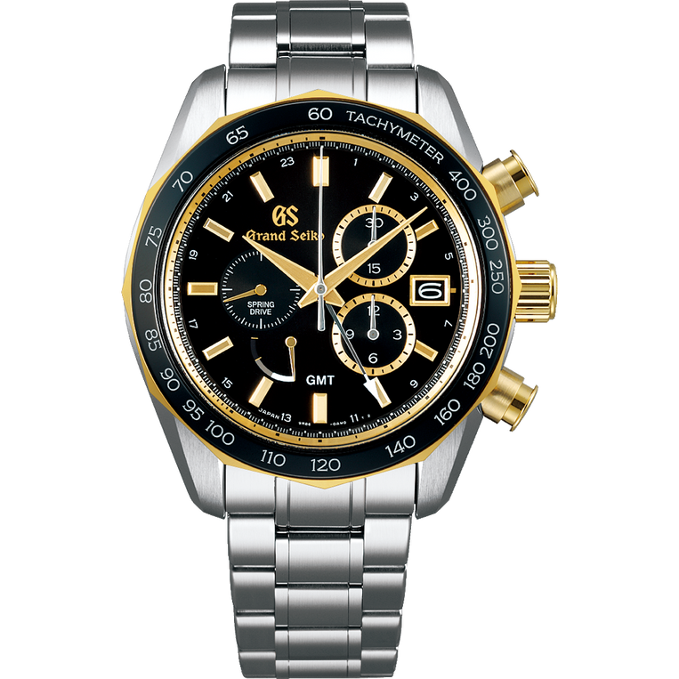 Grand Seiko SBGC240 Spring Drive Chronograph GMT black dial 18k yellow gold and steel case