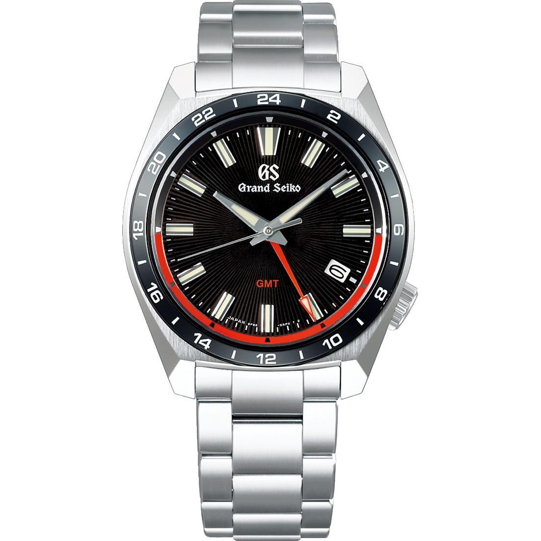 Grand Seiko SBGN019 quartz GMT, black dial, stainless steel and ceramic case, men's watches