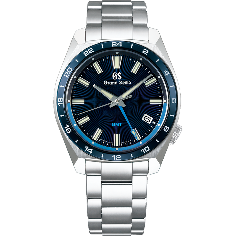 Grand Seiko SBGN021 quartz GMT, blue dial, stainless steel and ceramic case, men's watches